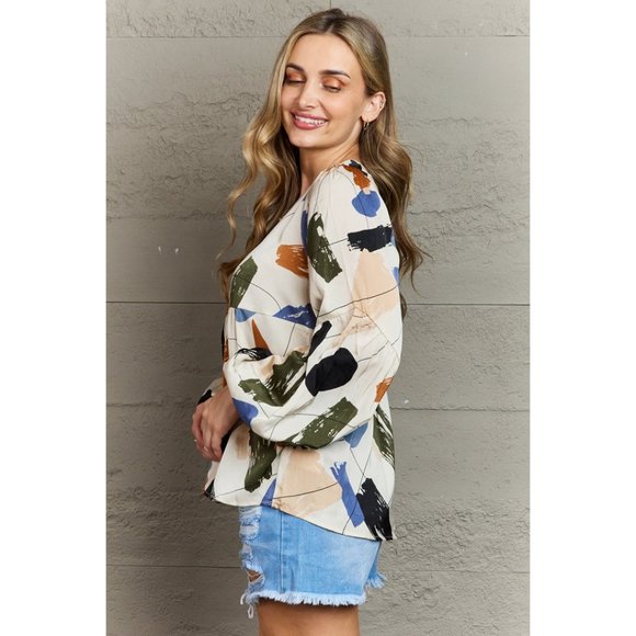 Multi Colored Printed Blouse w/ Lantern Sleeves Breathable Fabric Casual Formal - Picture 4 of 5